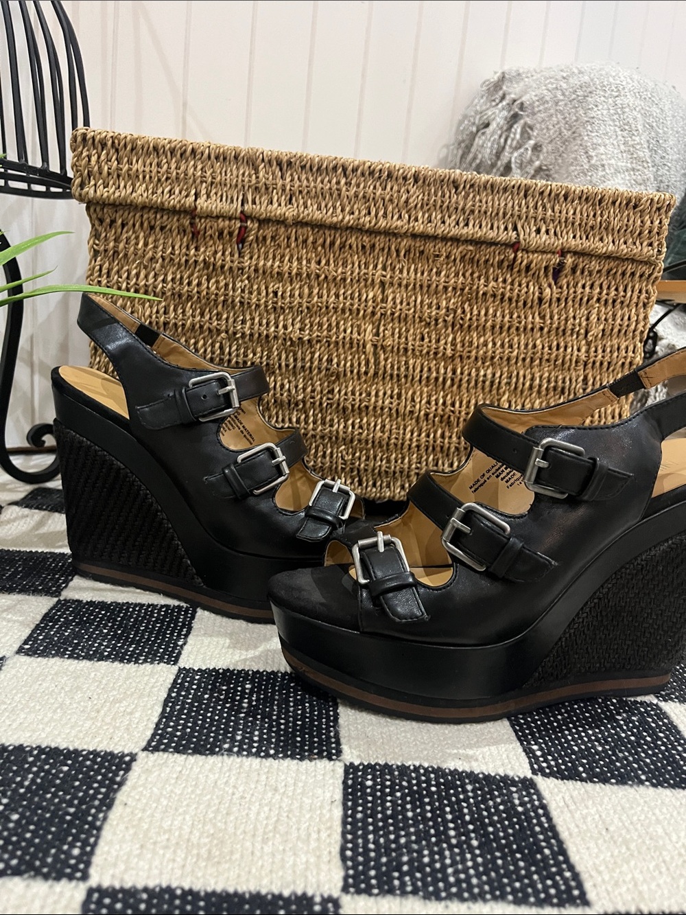 Nine West Black Triple-Buckle Platform Wedge Sandals